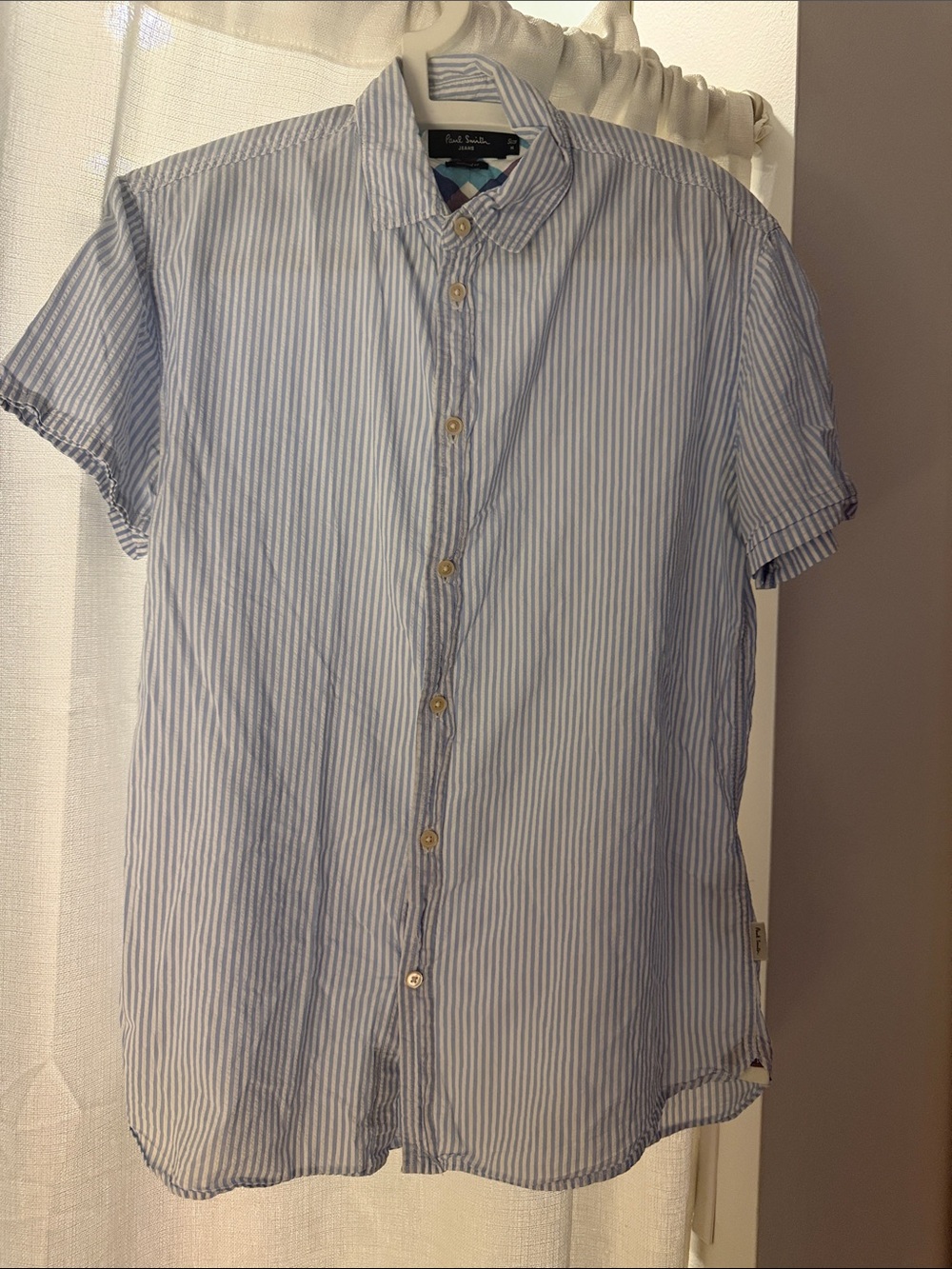Paul Smith Light Blue and White Striped Short-Sleeve Button-Down Shirt